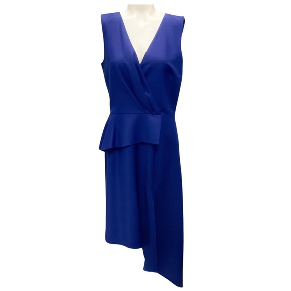 CHRISTIAN DIOR ROYAL BLUE SLEEVELESS V NECK ASYMMETRIC HEM MIDI DRESS - Picture 1 of 5